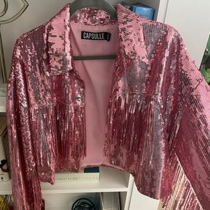 Sequin cropped oversized fringe jacket